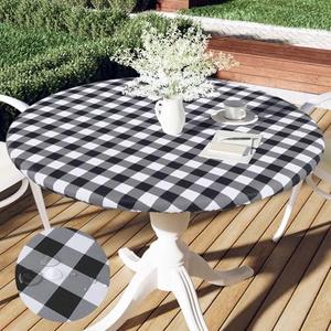Smiry Round Picnic Tablecloth, Elastic Waterproof Fitted Vinyl Tablecloths for 18"-24" Tables, Flannel Backed Buffalo Plaid Table Cover for Dining, Camping, Outdoor, Black and White