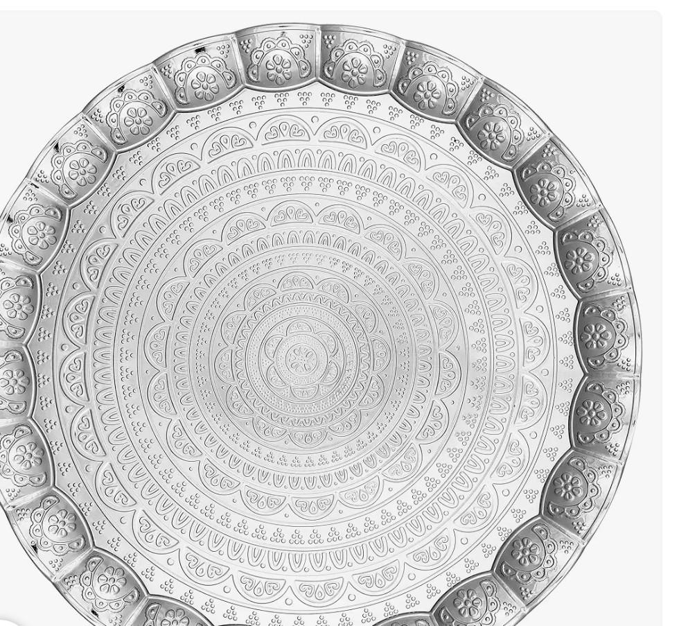 Alisveristime 6-Person Decorative Serving Tray – 13.77 inch Round Metal Plate with Ottoman Pattern Options