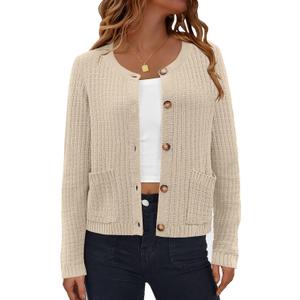 AGSEEM Womens Cardigan Sweaters Knit Button Up Open Front Long Sleeve Crew Neck Short Lightweight Trendy 2025 with Pockets, Beige, Medium
