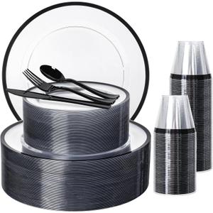 N9R 600PCS Clear and Black Disposable Plates Set, Heavy Duty Plastic Dinnerware Set for 100 Guests Includes 100 Dinner & Dessert Plates, Cups, Spoons, Forks, and Knives, Perfect for Parties, Weddings