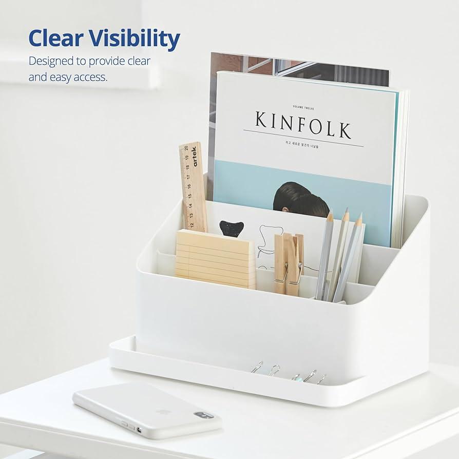BLUE GINKGO Desk Organizer Korean-Made Office Storage for Pens, Notes, Mail, and Supplies (White)