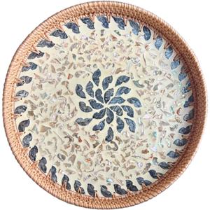 Terrekraft 14" Large Rattan Serving Tray with Mother of Pearl, Round Coffee Table Tray Decor, Boho Decorative Hand-Woven Wicker Home Decor (Lucky Flower)