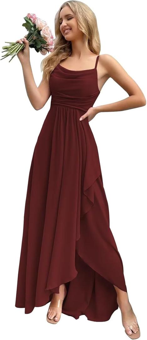 Women's Chiffon Bridesmaid Dresses Long with Slit A Line Formal Dress with Pockets VS085B (16, Burgundy)