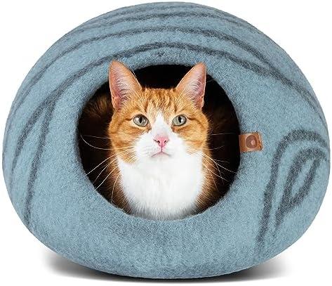 MEOWFIA Cat Cave  Premium Felt Cat Bed for Indoor Cats, Handmade 100% Merino Wool (Aquamarine, Large)