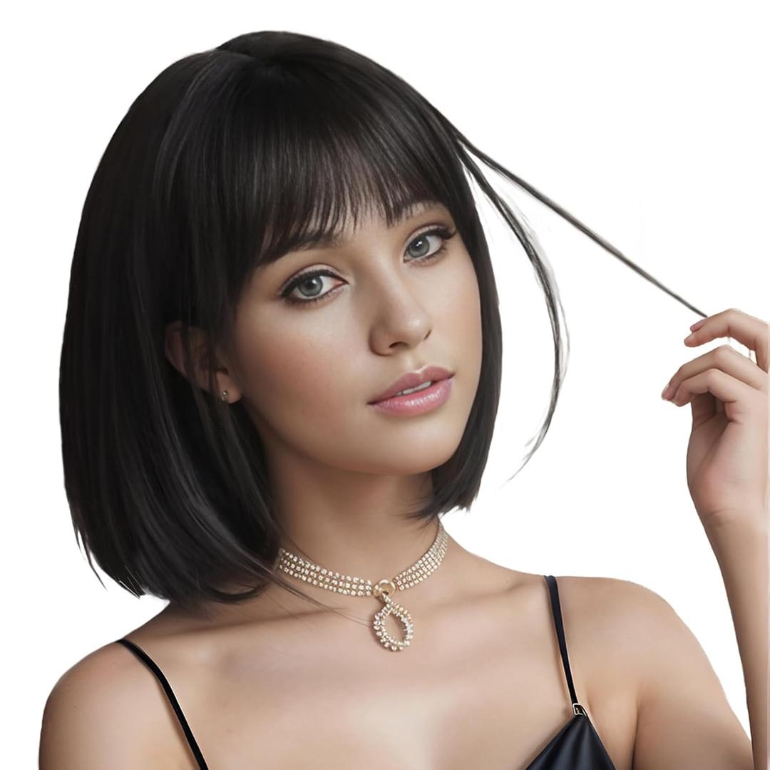 Natural Black Short Bob Hair Wigs for Women With Bangs 12inch Straight Synthetic Cosplay Halloween Party Wig For Girls Daily Use Colorful Hair Wigs