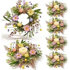 6 Pcs Small Easter Hanging Wreaths for Cabinets Artificial Purple Pink Yellow Berries Spring Mini Candle Rings Wreath for Home Kitchen Front Door Window Porch Wall Wedding Table Cnterpieces Decor