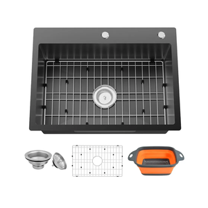 Black Kitchen Sink,25x18 Inch Kitchen Sink Stainless Steel Drop In Kitchen Sink Topmount Stylish and Modern Look Sink With Bottom Grid, Drain Basket And Drain Assembly Add Elegance & Enhance Usability