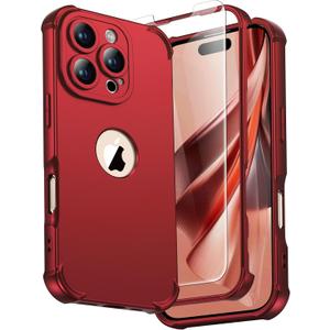 ORETECH for iPhone 16 Pro Max Case, with 2 x Screen Protectors (15FT Drop Protection)(Full Camera Protection) Full Body Shockproof Bumper Anti Scratch Slim Phone Case for iPhone 16 Pro Max -Red
