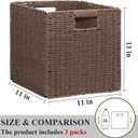Wicker Storage Baskets for Organizing, 3 Pack Rustic Foldable Square Basket for Shelves, Handwoven Cubby Organizer Bins for Home Decor, Small Cube Storage Bin for Closet Organization (Brown 11 inch)