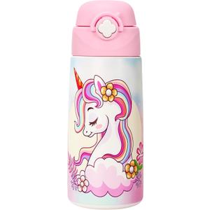 Girls Insulated Water Bottle with Covered Pop-Up Straw,16 oz Kids Cups with Stainless Steel Leak Proof for School PinkUnicorn