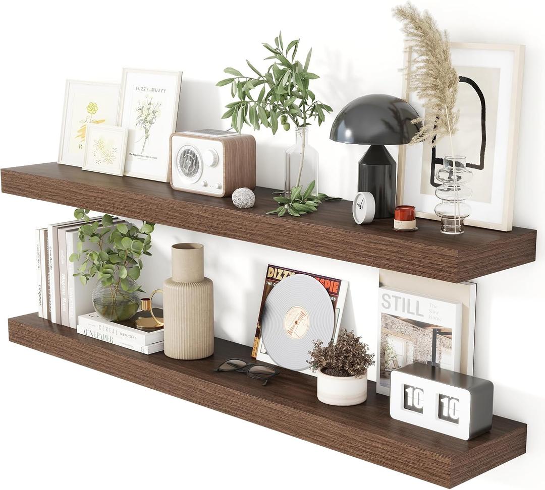 Heimlove 48 Inch Floating Shelves for Wall 8 Inch Deep Walnut Shelves Set of 2,Wall Mounted Rustic Wood Long Floating ShelfLarge Display & Storage Shelf with Invisible Brackets, 48''W x 7.9''D x 1.5''H,Set of 2-MDF