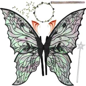 Fairy Wings for Adults, Fairy Costume Set with Floral Garland, Fairy Hair Tinsel, Wand & Elf Ears  31.5"x21.6" Organza Butterfly Wings  Ideal for Cosplay, Party, Black