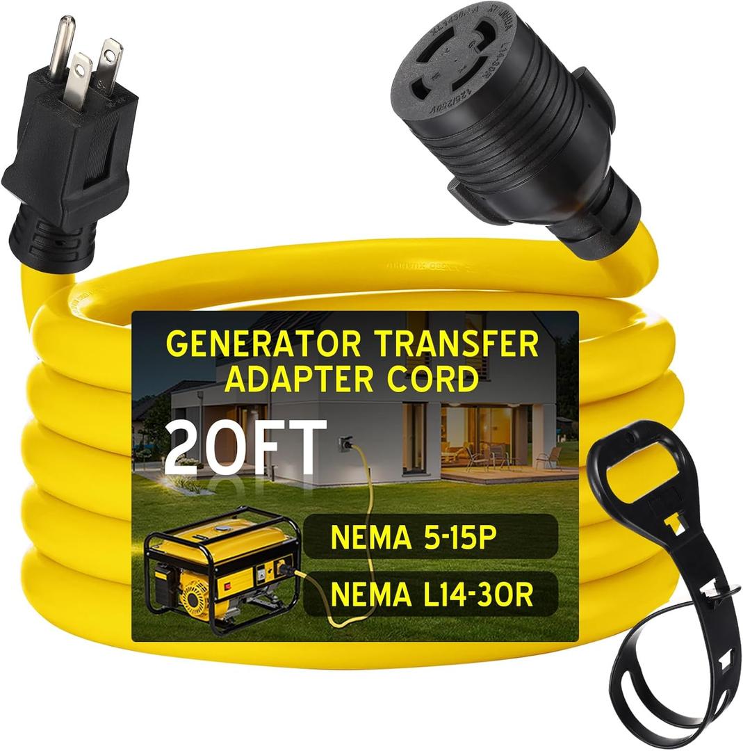 Tellegloww 20 FT 5-15P to L14-30R Adapter Cord Generator Transfer Switch, Generator House Inlet Box Adapter, 15Amp 3Prong 5-15 Male to 30Amp 4Prong L14-30 Locking Female, 10 AWG, ETL Listed