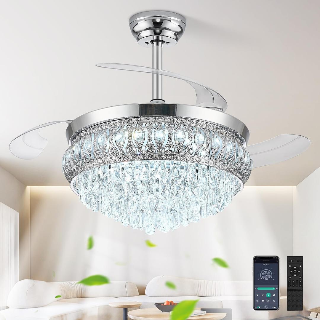 42" Fandelier Ceiling Fan with Light, Crystal Retractable Ceiling Fan with Lights and Remote, Chandelier Fans for Bedroom Living Room, Reversible DC Motor, LED Dimmable, 6 Speeds - Chrome
