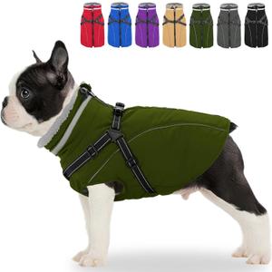 Fragralley Dog Coat with Harness Built in, Waterproof Windproof Reflective Warm Puffer Jacket, Fleece Lined Vest Winter Parka for Small, Medium, Large Dogs (Green)