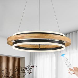 Benkut Wooden LED Chandelier Farmhouse D24in Wood Round Chandelier for Dining Room Light Fixtures with Remote Control, 2 Ring Wood Pendant Light Dimmable for Kitchen Island Entryway Foyer