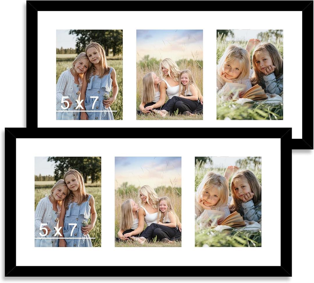 QOTIB 10x20 Picture Frame Set of 2, Display 3 Pcs 5x7 Picture Collage with Mat or 10 x 20 without Mat, Three 5x7 Picture Frame Collage for Wall Hanging, 5 by 7 Multi Frame, 2 Pack, Black