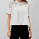 Womens Lace Flared Short Sleeve Blouse Lace Poplin Ruffle Mesh Crew Neck Swing Babydoll Tops Elegant Loose Shirts (S)