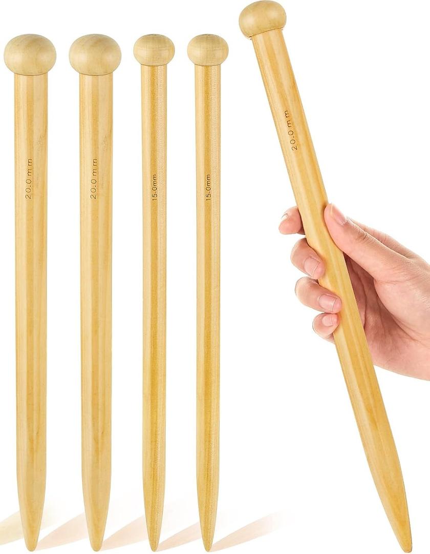 MTLEE 4 Pcs Large Knitting Needles Jumbo Straight Wooden Knitting Needles 3 Sizes Extra Large Weaving Tool for Chunky Yarn Beginner DIY Fabric Crafts Crochet 15mm 20mm 25mm (Natural)