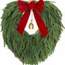 24" Norfolk Pine Wreath, Artificial Christmas Wreaths, Real Touch Green Winter Garland for Front Door Wall Indoor Outdoor Christmas Holiday Decor, with Bow & Bell, FF12