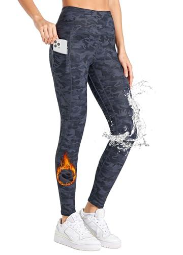 Willit Women's Fleece Lined Leggings Water Resistant Winter Pants Thermal High Waisted Yoga Hiking Running Tights Pockets Black Camo XXL