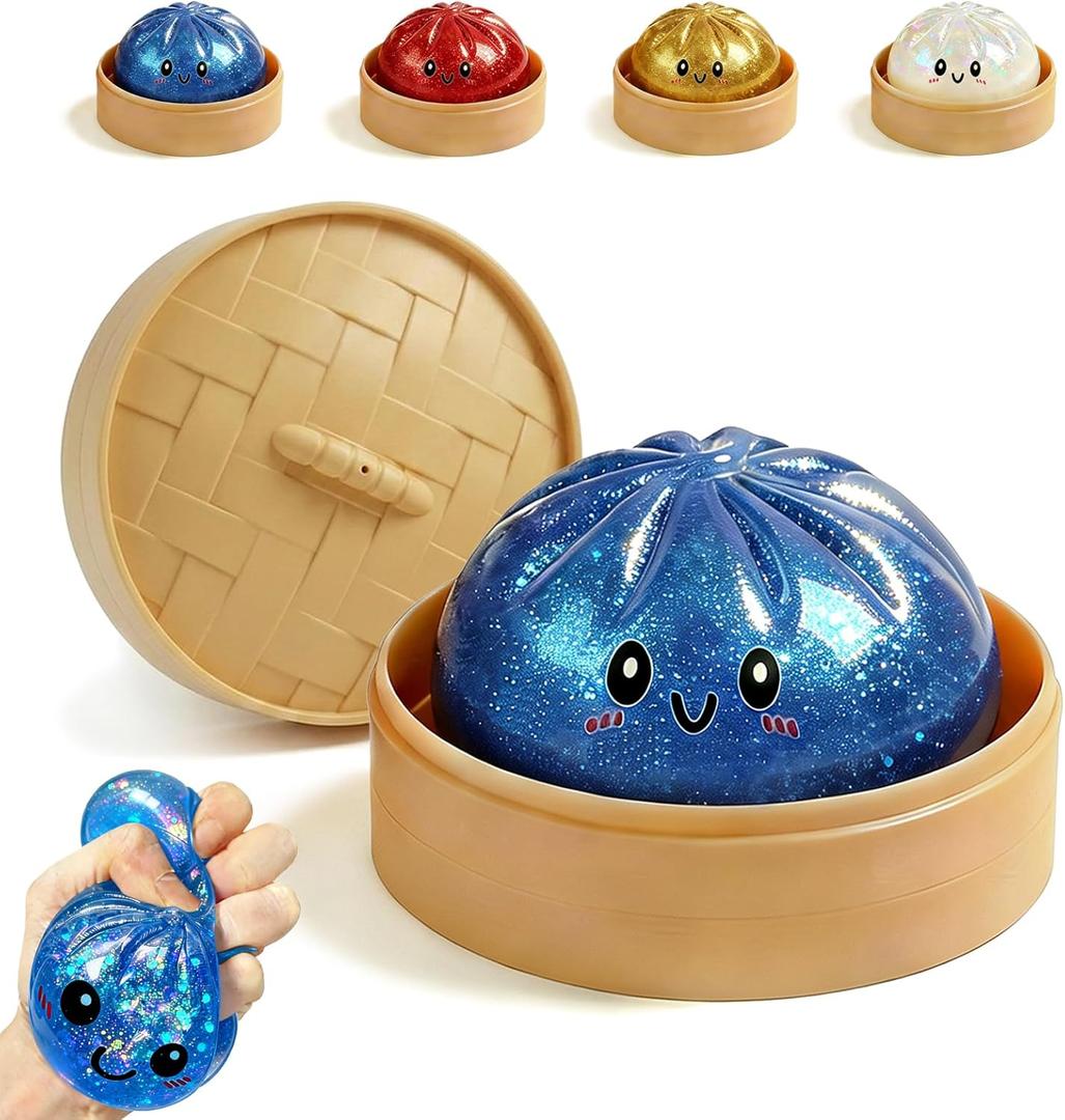 Glitter Dumpling,Glitter Dumpling Squishy Box,Colorful Dumplings Stress Balls Fidget Sensory,Squeeze Toy for Stress Relief Stretchy Desk Toys,Soft Squeeze Decompression Dough (Glitter Blue)