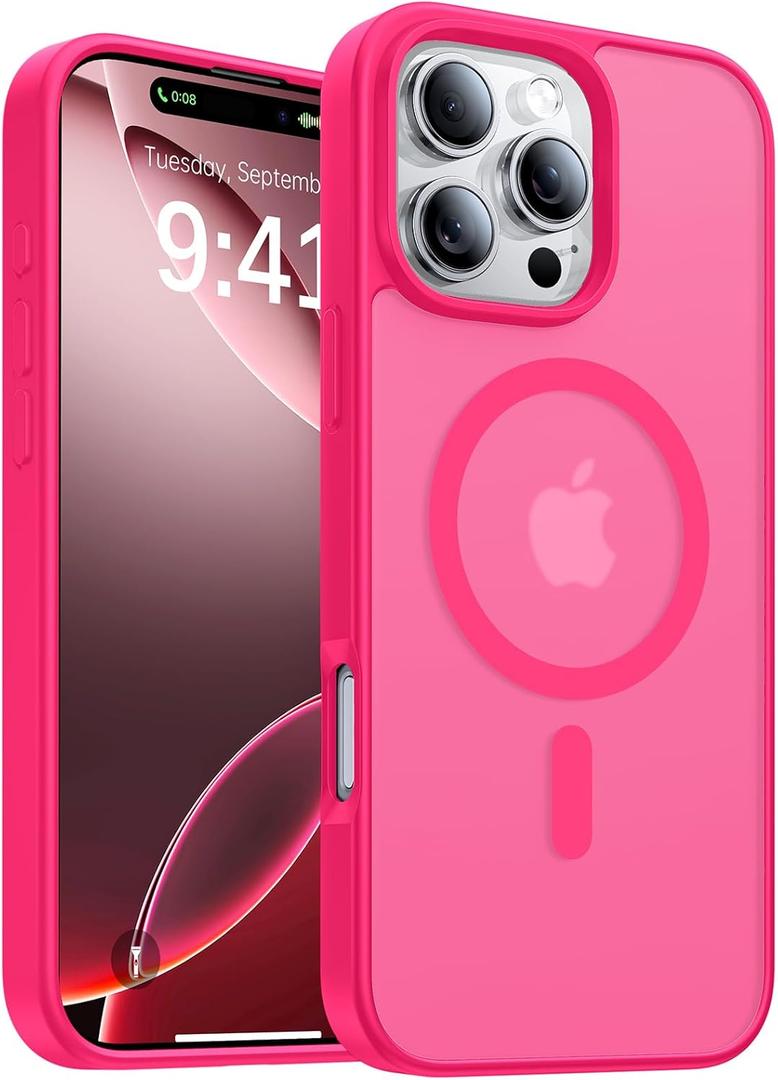 Magnetic for iPhone 16 Pro Case, [Compatible with MagSafe][Military-Grade Drop Protection][Anti-Yellowing] Shockproof Protective Translucent Matte Cover for iPhone 16 Pro Phone Case,Hot Pink