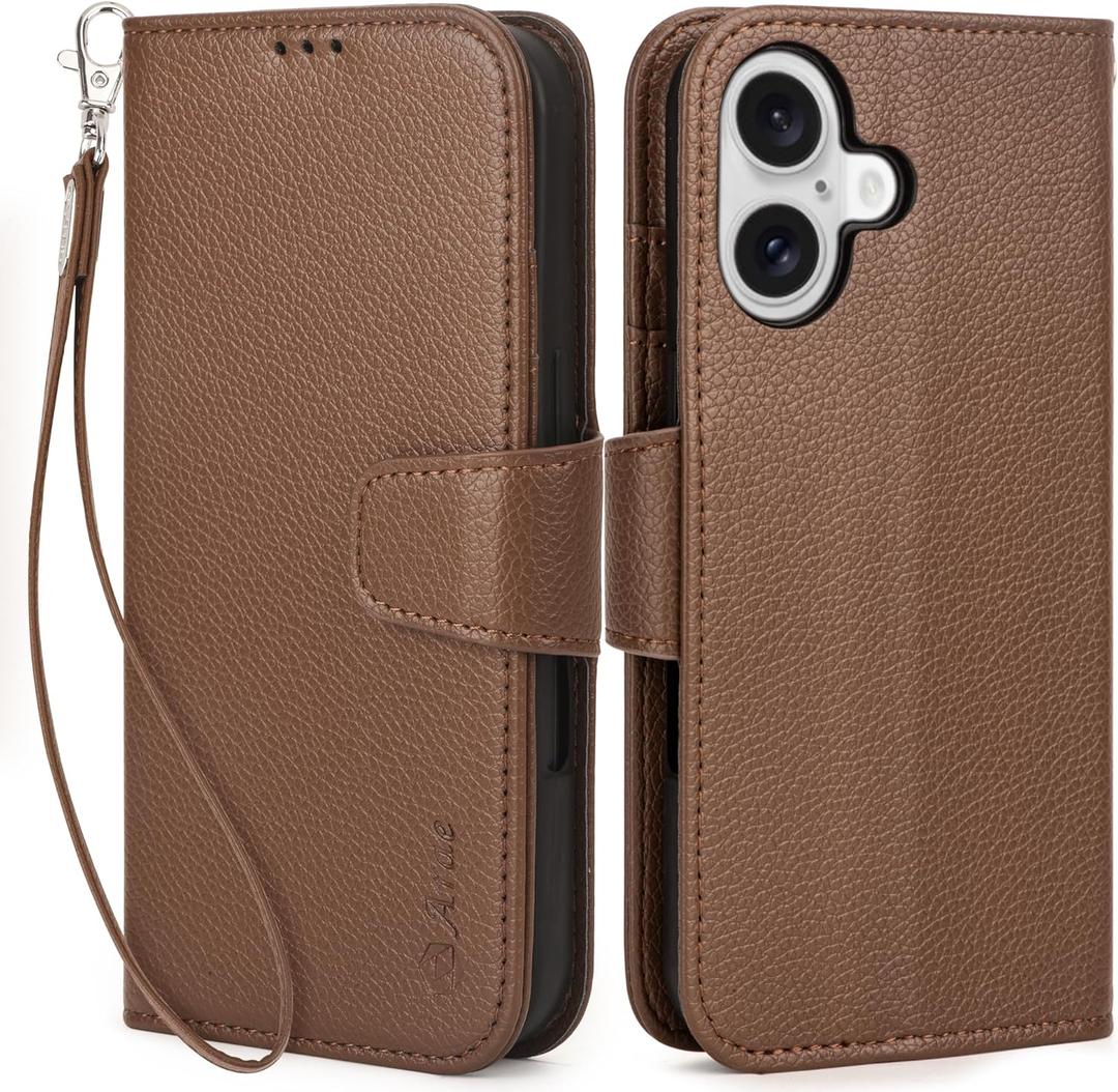 Arae Compatible with iPhone 16 Plus Case Wallet with Card Holder, Wristlet Strap Wallet Flip Cover for iPhone 16 Plus 6.7 inch Men/Women, RFID Blocking, Kickstand, Litchi Coffee