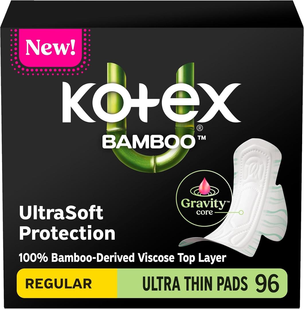 Kotex Bamboo Ultra Thin Pads with Wings, Regular Absorbency, 96 Count (2 Packs of 48)