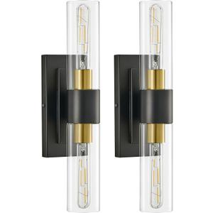 ZSMAIKU 19" Black and Gold Wall Sconces Set of Two, Modern Bathroom Light Fixtures, 2-Light Vanity Lights for Mirror, Indoor Wall Lamp Wall Mount Light for Bedroom, Living Room with Clear Glass E26 Base