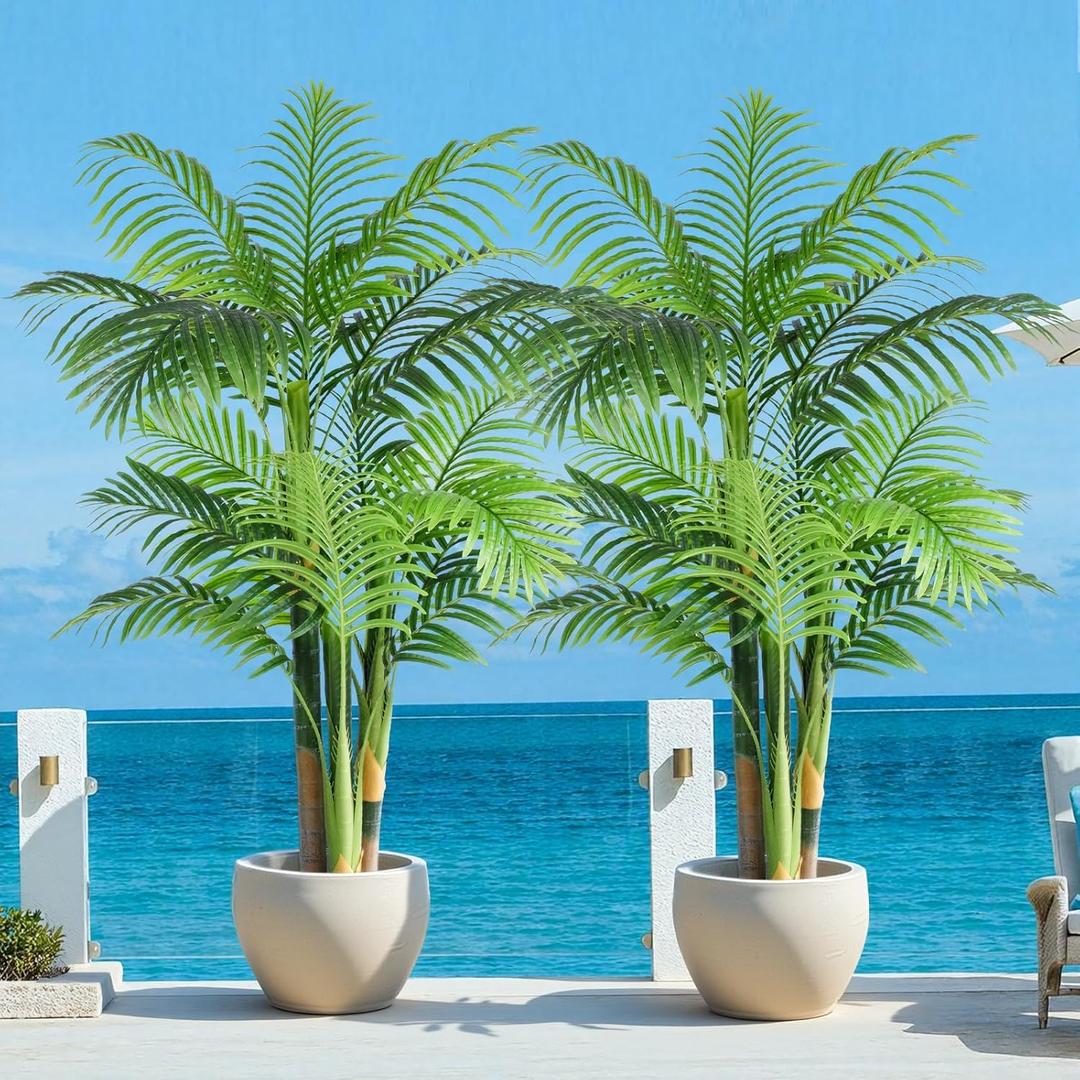 5ft Tall Triple Golden Cane Palm Artificial Tree Large Tropical Palm Tree UV Resistant Fake Plant in Pot for Indoor Outdoor Big House Living Room Outside Patio Office Home Decor 2Pack