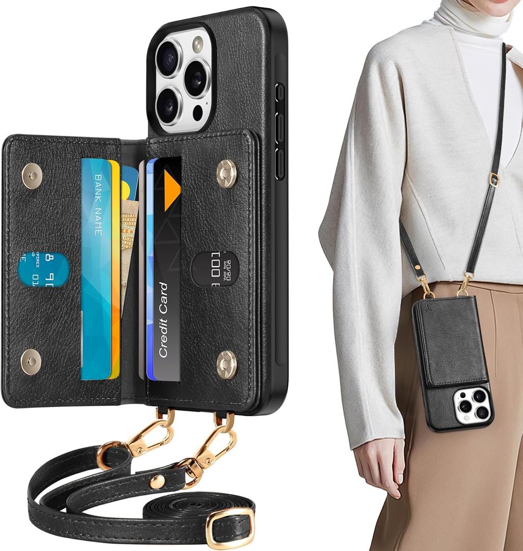 TUCCH Crossbody Wallet Case for iPhone 16 Pro, RFID Blocking [6 Card Slots][Detachable Adjustable Lanyard], Magnetic Flip Wallet PU Leather Shockproof Phone Cover for iPhone 16 Pro, Textured Black