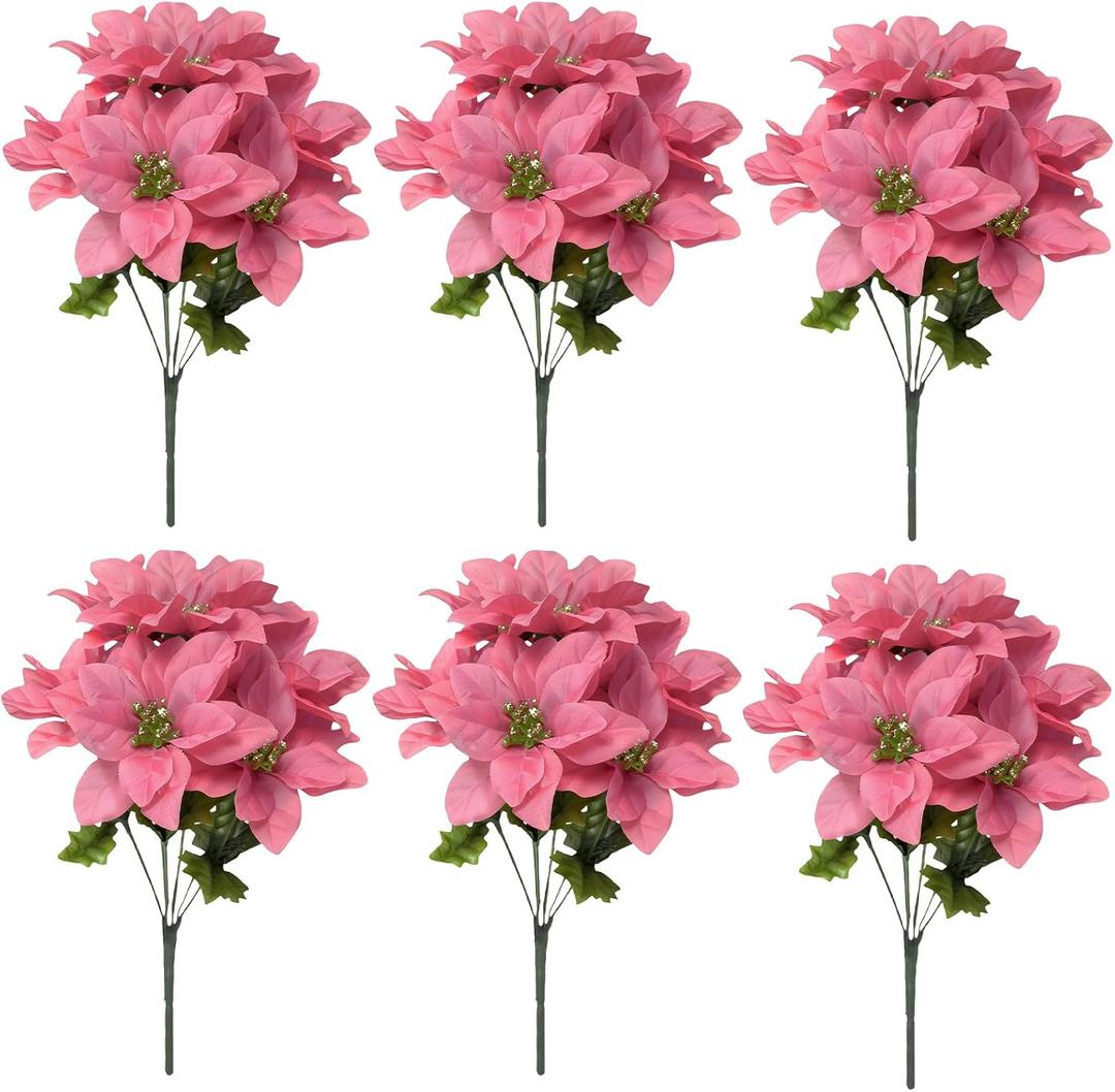 ACJRYO 6 Pack Artificial Poinsettia Bushes, 13.8 Inch Faux 7 Stems Christmas Red Poinsettia Bouquet Bushes Floral Picks Poinsettia Flowers Artificial for Holiday Wedding Home Decoration (Pink)