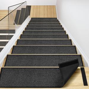 Peel and Stick Stair Carpet Treads for Wooden Steps,15 Pack Indoor Black Stair Mats, Basement Safety Stick On Stair Rug Step Pads for Pet Dog, Elders and Kids (Set of 15)