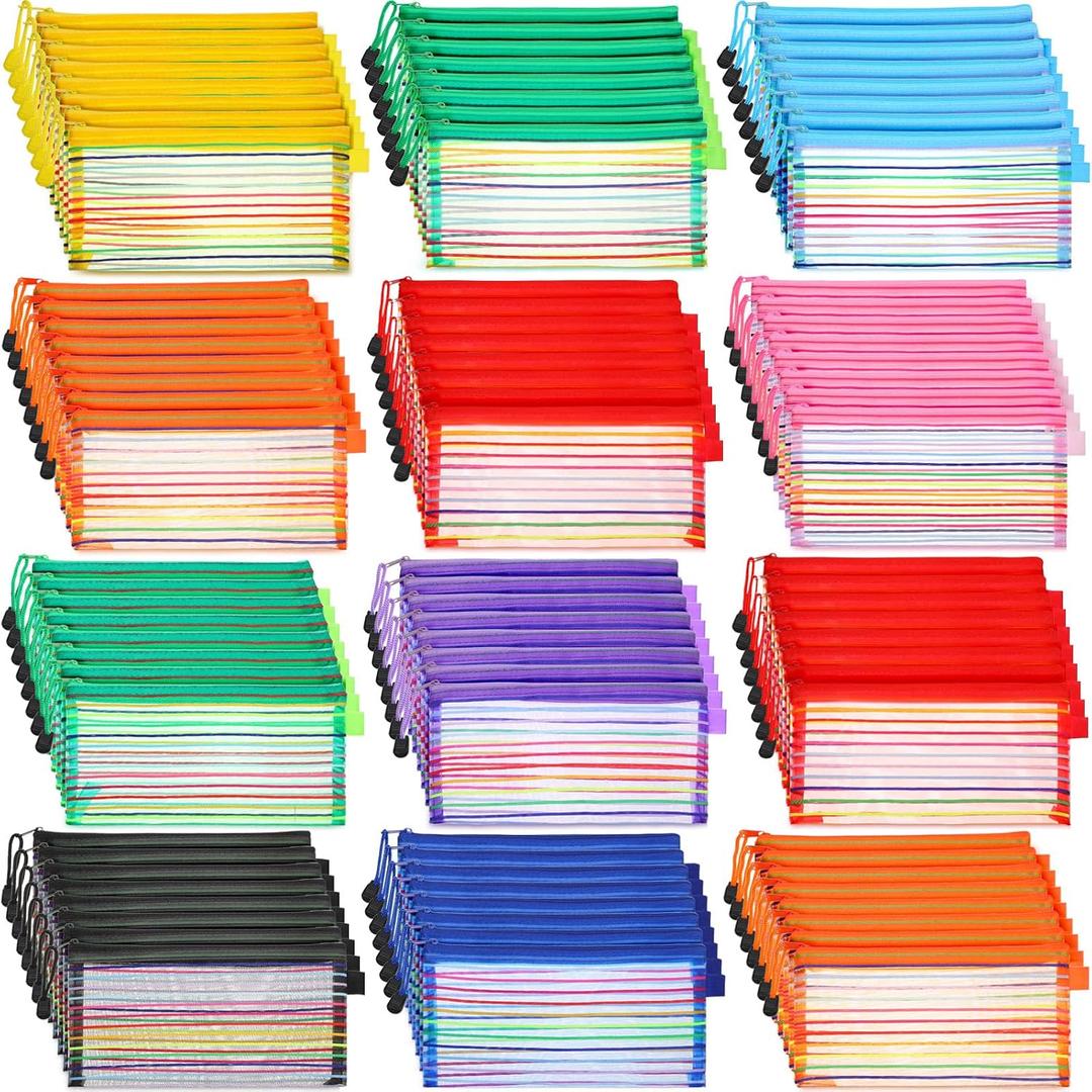 Fainne 120 Pack Mesh Pencil Pouch Mesh Zipper Pouch 9" x 4.7" Pencil Case Bulk Multipurpose Cosmetics Toiletry Small Bag for Office Travel(Multicolored Stripes Colors)