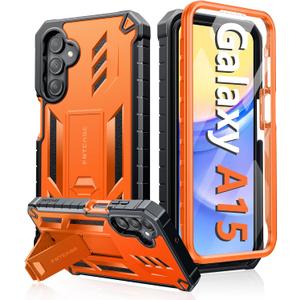 FNTCASE for Samsung Galaxy A15-5G Case: Military Grade Drop Proof Protection Phone Cover with Kickstand | Heavy Duty Rugged Full Body Protective Shockproof Matte Textured TPU Cases - 6.5 Inch (Orange)