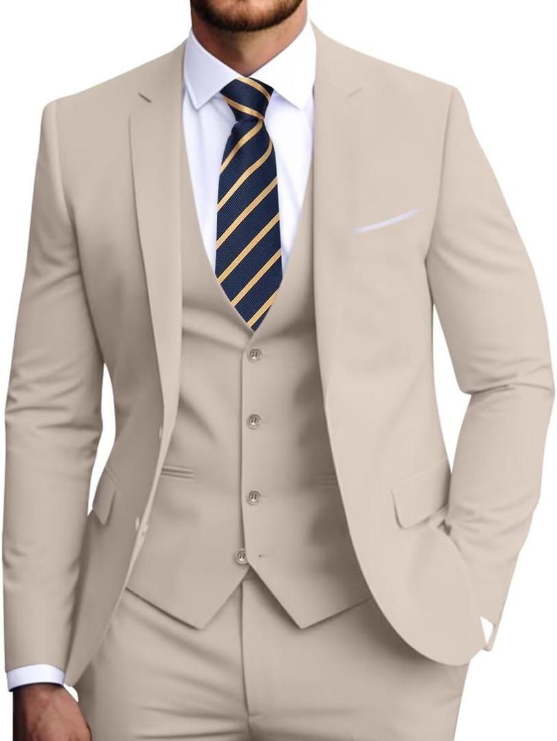 Men's Slim Fit 3-Piece Suit Set, Formal Wedding Tuxedo in Black, Navy Blue (Light Champagne) XS