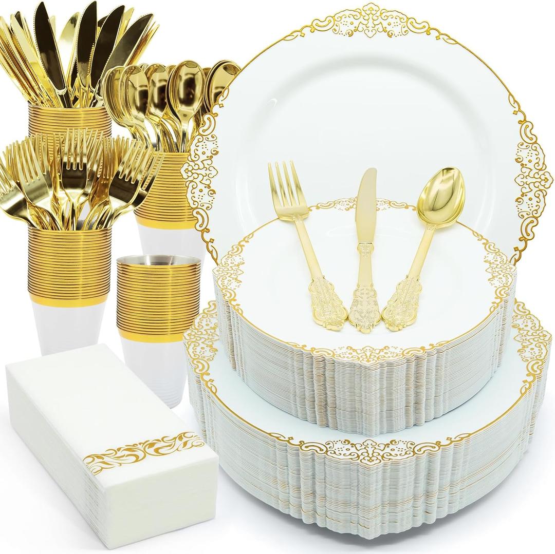 AIRE 175PCS Gold Plastic Plates for Party Supplies Dinnerware Sets for 25 Guests, Vintage Disposable Plastic Party Plates Cups Spoons Forks Knives Napkins for Wedding Birthday Christmas BBQ Parties