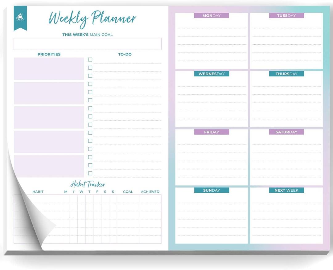 Clever Fox Weekly Desk Planner  Desktop Notepad, To Do List & Planning Pad for Productivity, 50 Tear Off Weekly Journal Sheets, A4 (Turquoise)