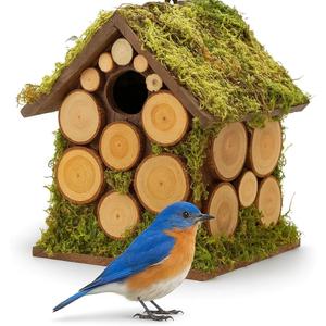 2025 Spring Bluebird House for Outside - Hard Wood Bird HouseNest Box for Outdoor - Moss Bird House with Cedar Rings- Gifts for Nature Lovers - Natural Style Longtime Lasting - 1.5" Entrance