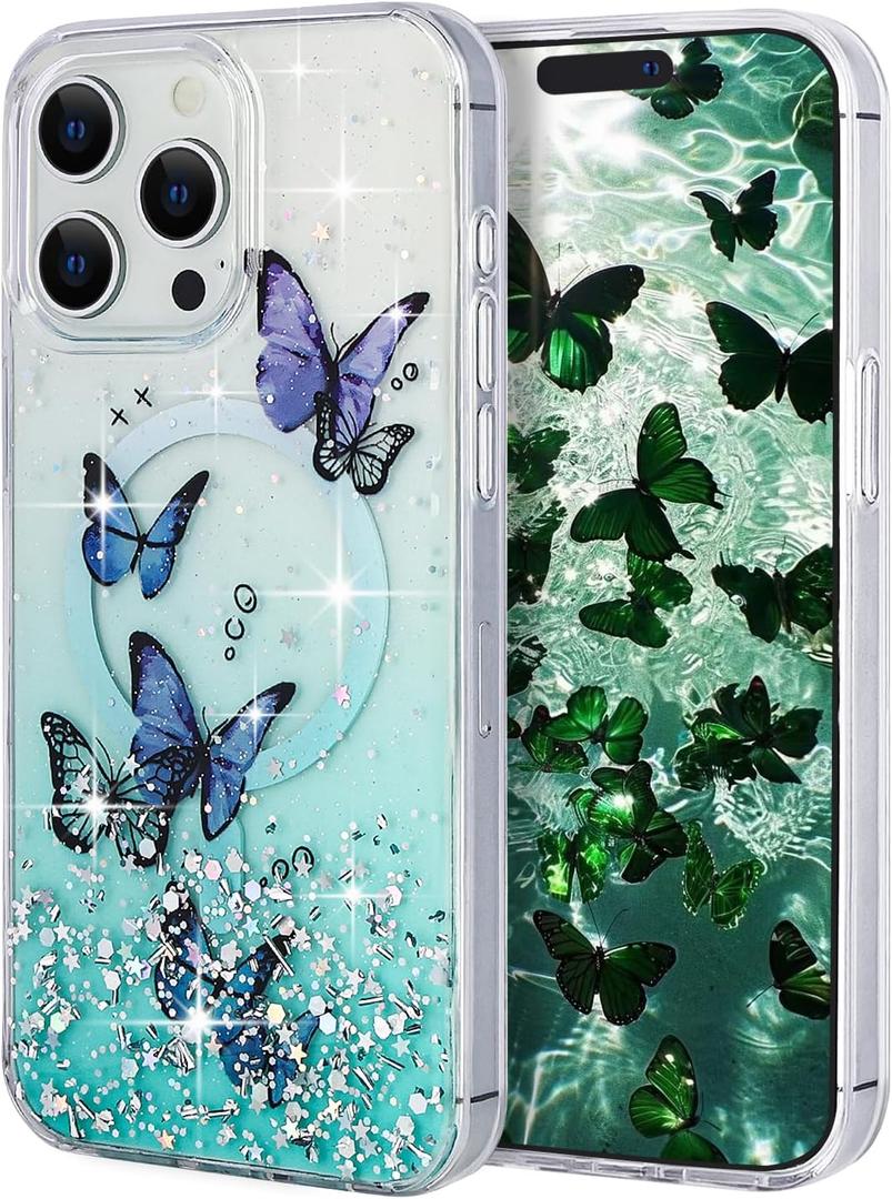 Compatible with iPhone 14 Pro Max Gradient Bling Magnetic Case,Cute Butterfly Pattern,Luxurious Shockproof ProtectioniPhone 14 Pro Max Clear Case for Man Women Girls-Blue