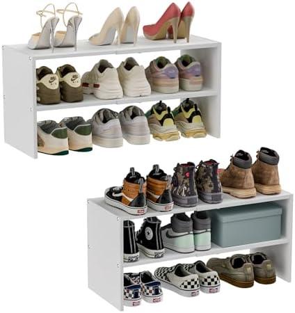 2 Pack White Shoe Rack for Closet, 2-Tier Expandable Small Shoe Shelf, Stackable Iron Wood Combination Shoe Organizer Racks Shelves for Closets, Entryway, Hallway, Garage, Holds 15-24 Pairs