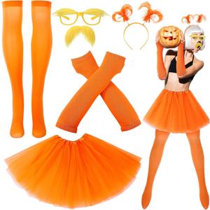 Orange Tutu Costume Accessories, Tulle Tutu Skirt Ponytail Headband Eyebrow Glasses Fake Mustache Gloves Sock for Women Halloween Cosplay, One Size