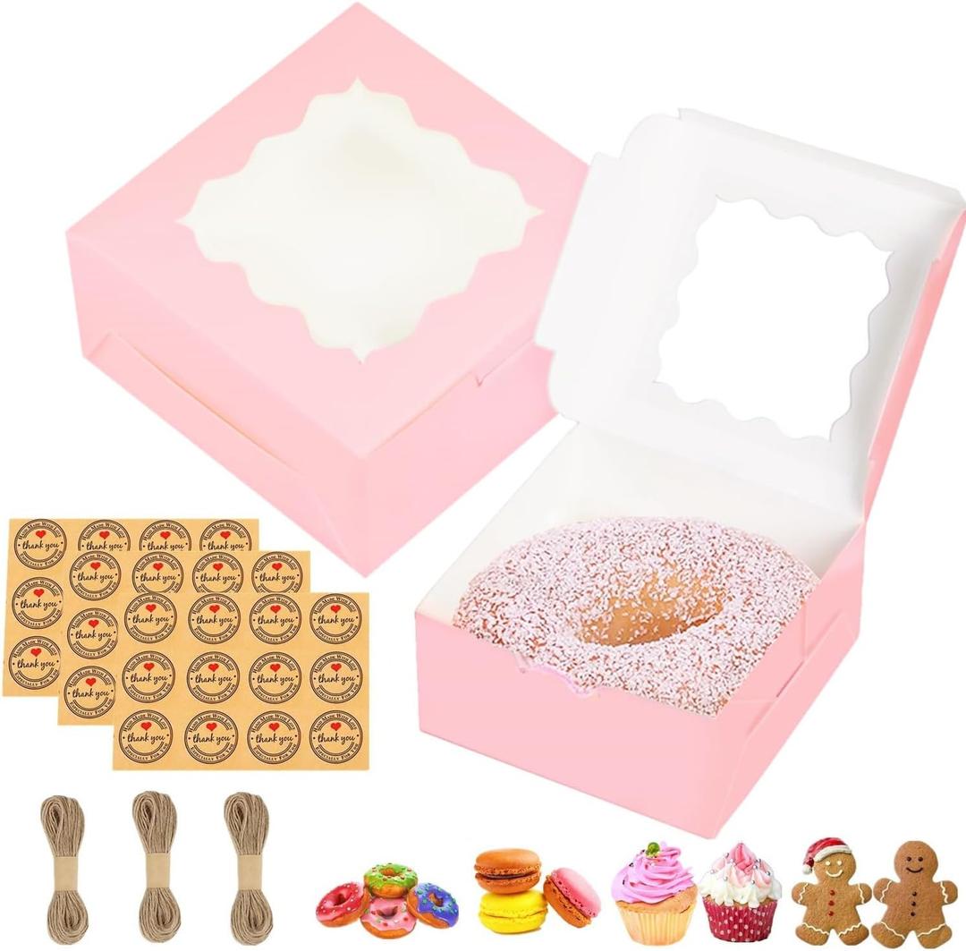 30 PCS Bakery Boxes with Window 6x6x3 Inches, 6 Inch Cake Boxes, Paper Cookie Boxes, Small Pie Boxes, Treat Gift Boxes for Strawberry, Cupcake, Pastry, Donuts, Dessert, Brownie (Pink)