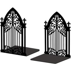 Peacoblue Metal Bookends for Shelves, Modern Decorative Heavy Duty Study Book Support Stoppers for Office, Desk, Shelf, Room 5.3"x4.3"x7.3" Cast Iron Simple Tall Bookends, 1 Pair (Gothic Gate) Black