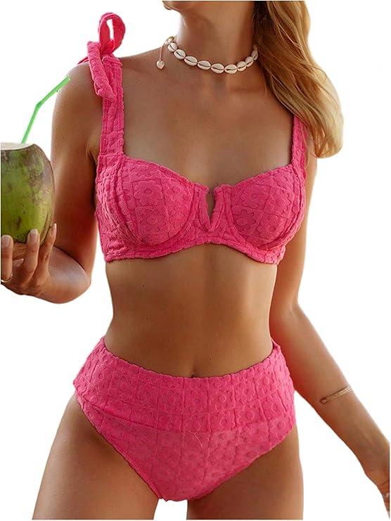 Women's High Waisted Bathing Suit Tie Shoulder Underwire Summer Swimsuit Bikini Set (Pink, Medium)
