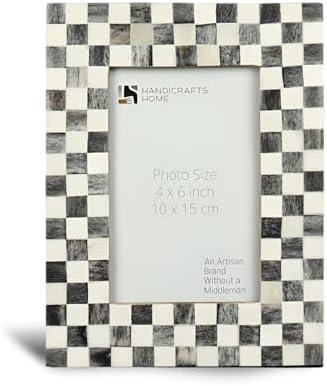 Handicrafts Home Checked Pattern Picture Photo Frame Handmade Naturals Bone Frames For Photo Frames - 4x6 inch Grey & White