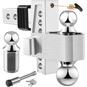 Adjustable Trailer Hitch (Fits 2-Inch Receiver) - Aluminum Tow Hitch with 6-Inch Drop/Rise for Truck (12,500 LBS GTW) - Double Anti-Theft Locking Hitch Pins (Silver, 2.0inch-6Drop-Tri Ball)