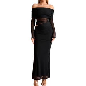 KUTUMAI Women Off Shoulder Long Sleeve Maxi Dress Cutout Mesh Ruched Bodycon Formal Wedding Guest Dresses (Medium, Black)
