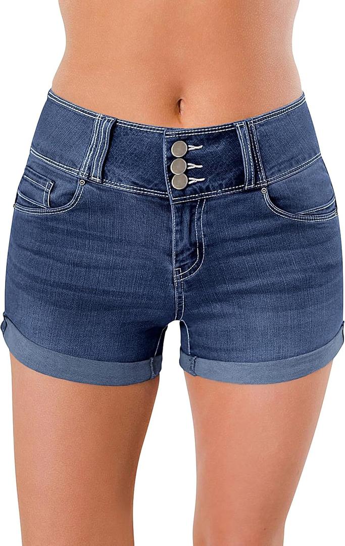 roswear Women's High Waisted Stretchy Denim Shorts Cuffed Jean Shorts (Large, Blue)